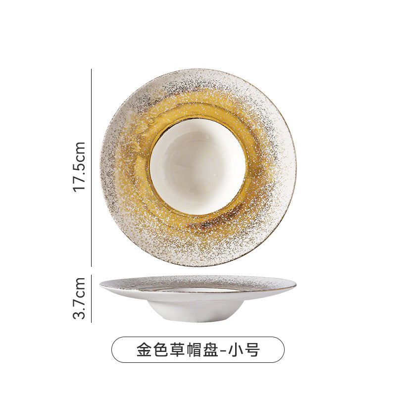 Nordic gradient sprayed high-value light luxury ceramic western food pasta plate, straw hat plate, restaurant hotel business straw hat plate