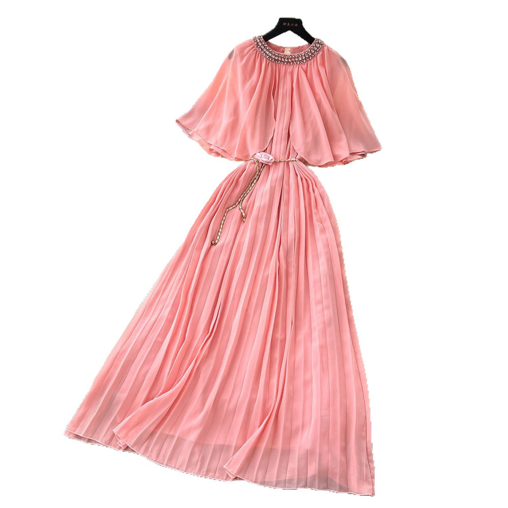 French-style, heavily embellished, beaded and rhinestone-studded, round-neck shawl dress with tie-waist detailing. features a flattering, slimming silhouette and elegant pleated chiffon
