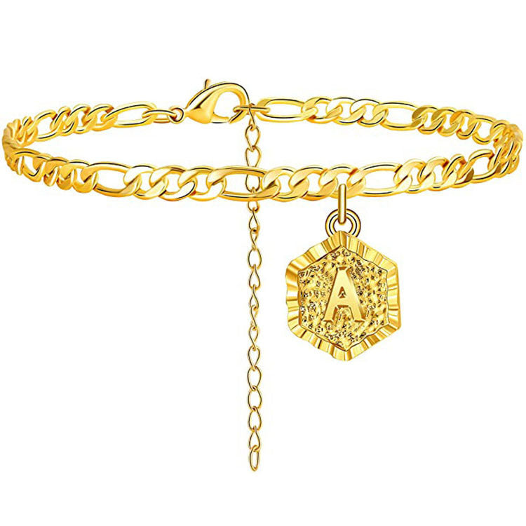 European and american cross-border hot-selling 26 capital letter hexagon 14k gold plated anklet - fashionable anklet for men and women