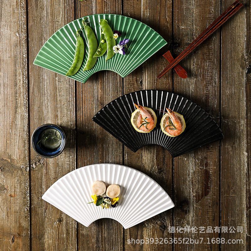 11inch fan-shaped plate set - japanese-style sushi plates, solid color retro breakfast ceramic plates, minimalist dishes for home use