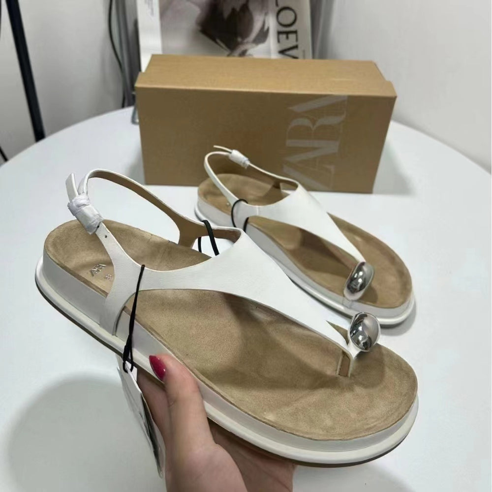 Za new 2024 european and american thick-soled round-toe structured sole angled metal buckle embellished versatile casual sandals for women