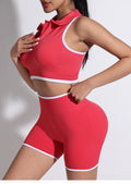 polo stand collar contrast color zipper outdoor sports vest running fitness butt lifting shorts yoga suit women