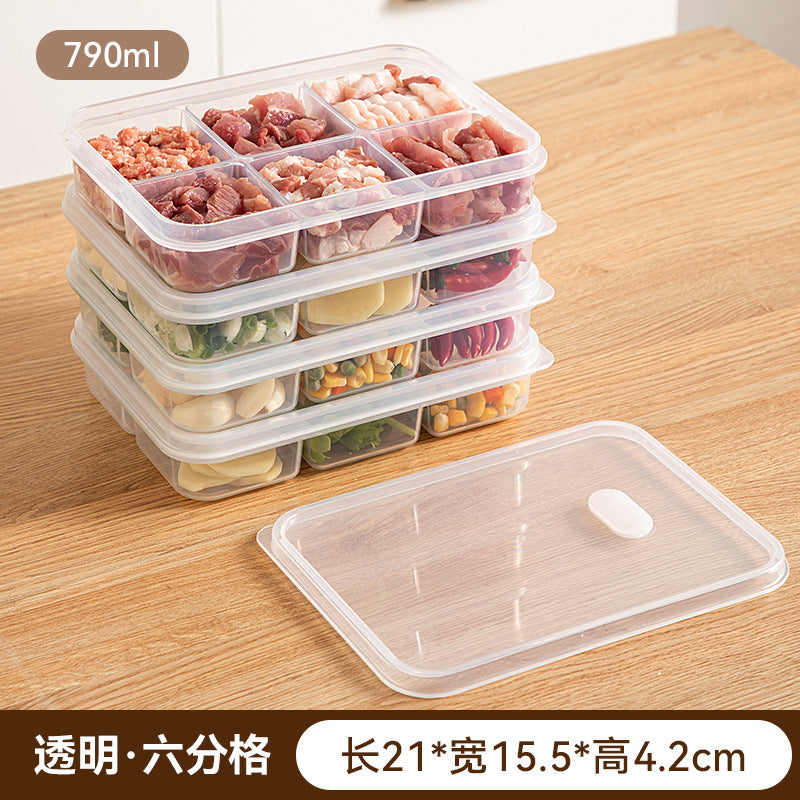 Sealed grid kitchen food storage box transparent food grade vegetable frozen meat sub-packaging refrigerator fresh storage box