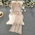 Korean style early spring outfit: effortless knit set for women - designer cutout top & versatile midi skirt two-piece trendy set