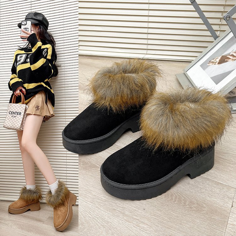 new cross-border faux mink fur boots for women - round toe, chunky sole, plush lined, fluffy snow boots