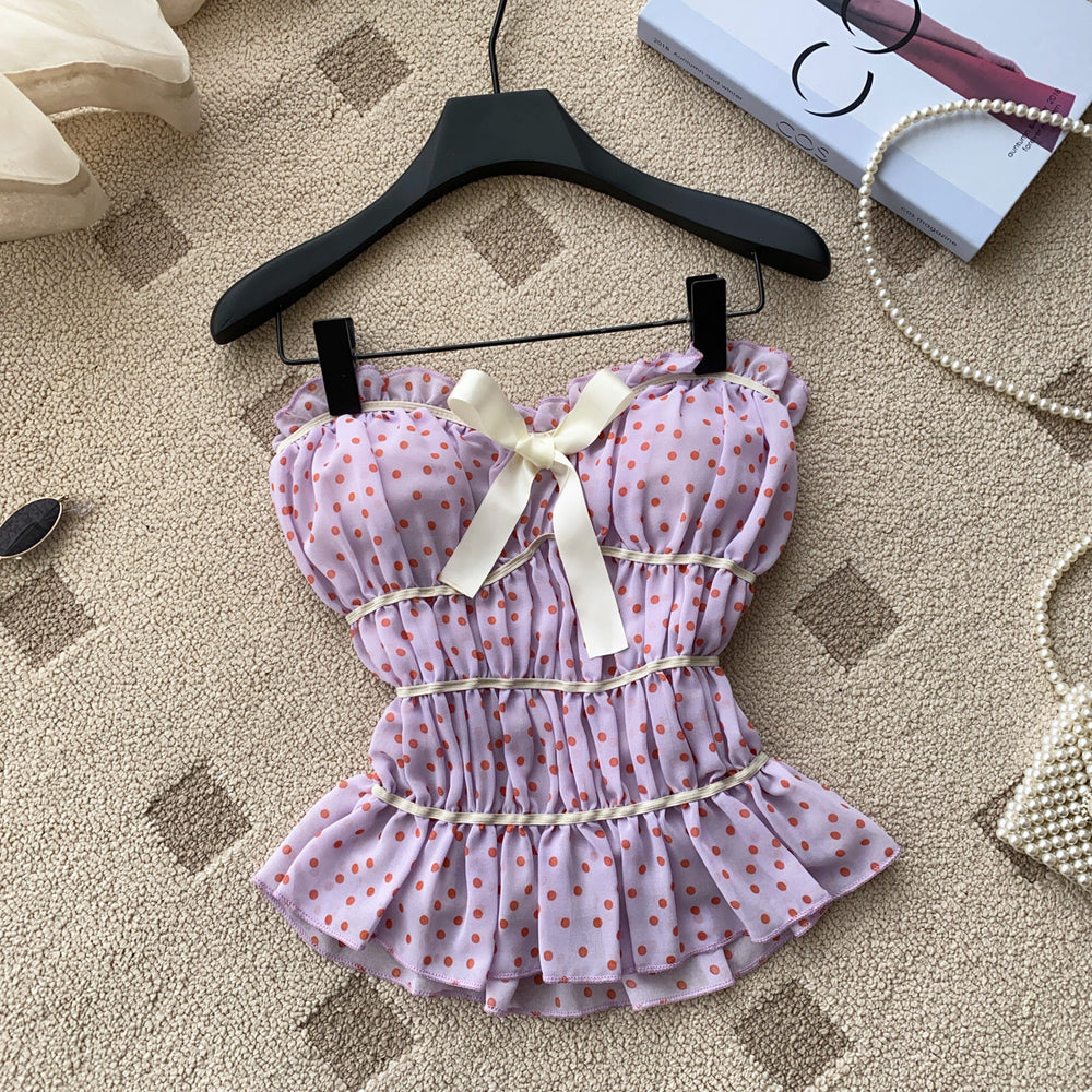 Sweet polka dot work clothing style tube top camisole women's summerruffles waist bows age-reducing tops