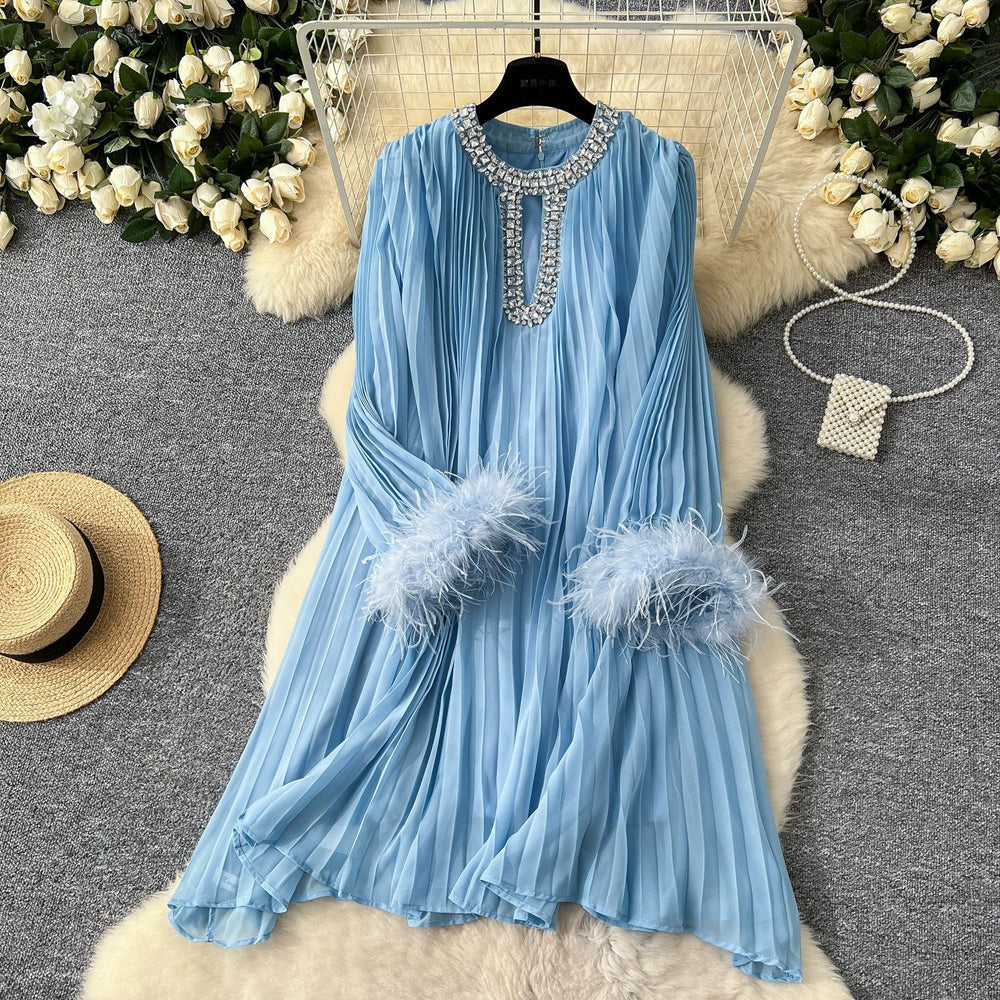 autumn european and american style round neck rhinestone embellished cutout feather trim long sleeve pleated mini dress - relaxed fit