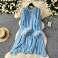 autumn european and american style round neck rhinestone embellished cutout feather trim long sleeve pleated mini dress - relaxed fit