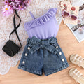 new cross-border fashion: european and american summer girls' one-shoulder cami top + denim butterfly shorts three-piece set