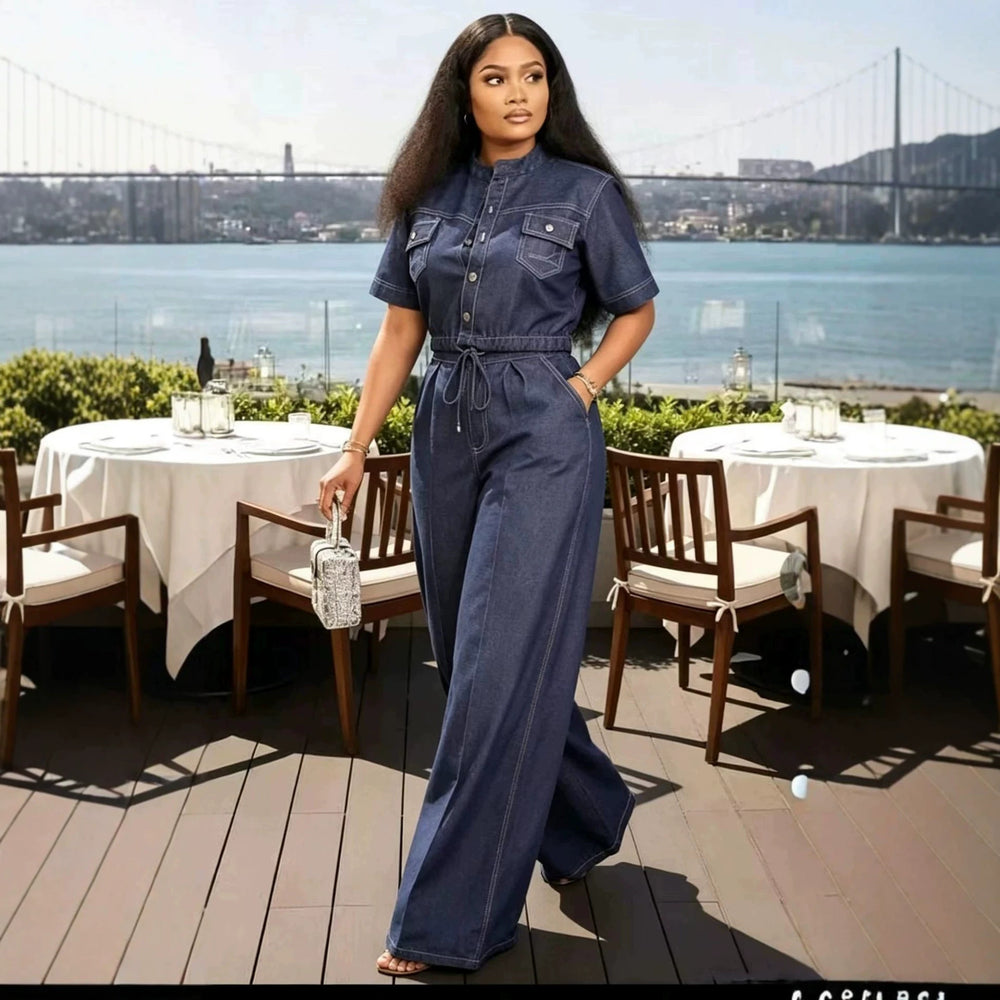 European and american new arrival cross-border   casual button-down two-piece set: short-sleeve top & wide-leg jeans denim outfit for women