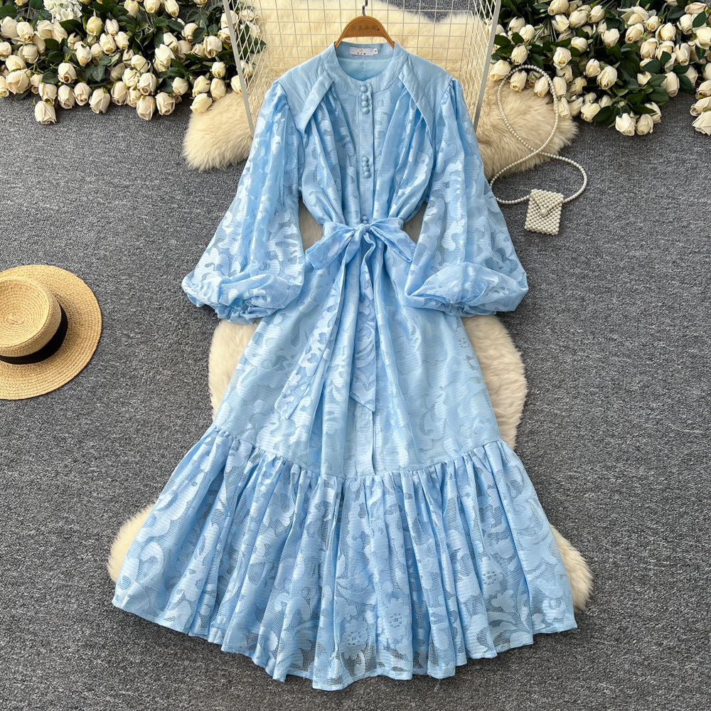 French court style dress - women's autumn collection  - new high-end design with tie waist, lantern sleeves, and lace maxi skirt