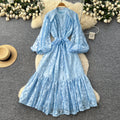 French court style dress - women's autumn collection  - new high-end design with tie waist, lantern sleeves, and lace maxi skirt