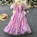 French fairy style puff sleeve floral dress women's summer korean style cinched waist ruffle hem vacation maxi dress - elegant
