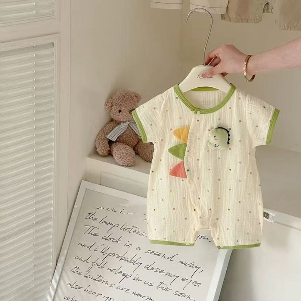 Infant and toddler summer lightweight muslin cotton romper, unisex baby cartoon spooky fresh short-sleeve onesie, sweat-absorbent and breathable