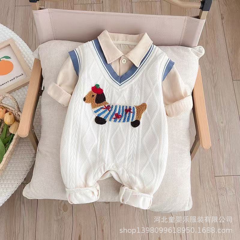Baby spring autumnew arrivalgentleman knitting clothes long sleeves outing clothes infant super cute fake two-piece one-piece haha