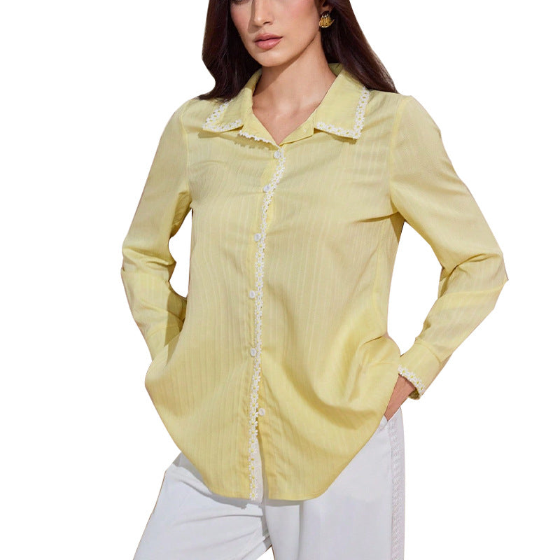 Ruihu 2025 Cross-border  Independent Station Foreign Trade European and American Temperament Lace Long Sleeve Shirt Solid Color Cardigan Top