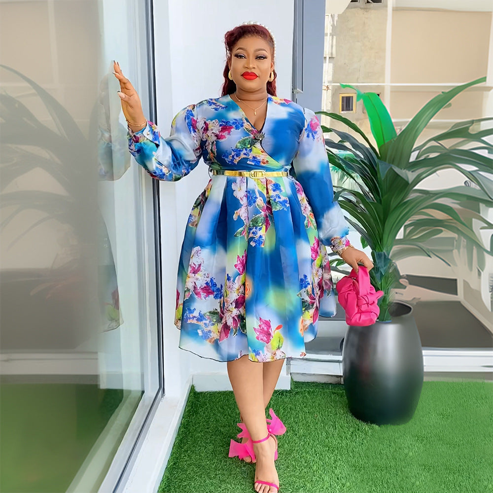 African  spring/summer new arrivals:  cross-border e-commerce women's plus size v-neck printed dress with belt