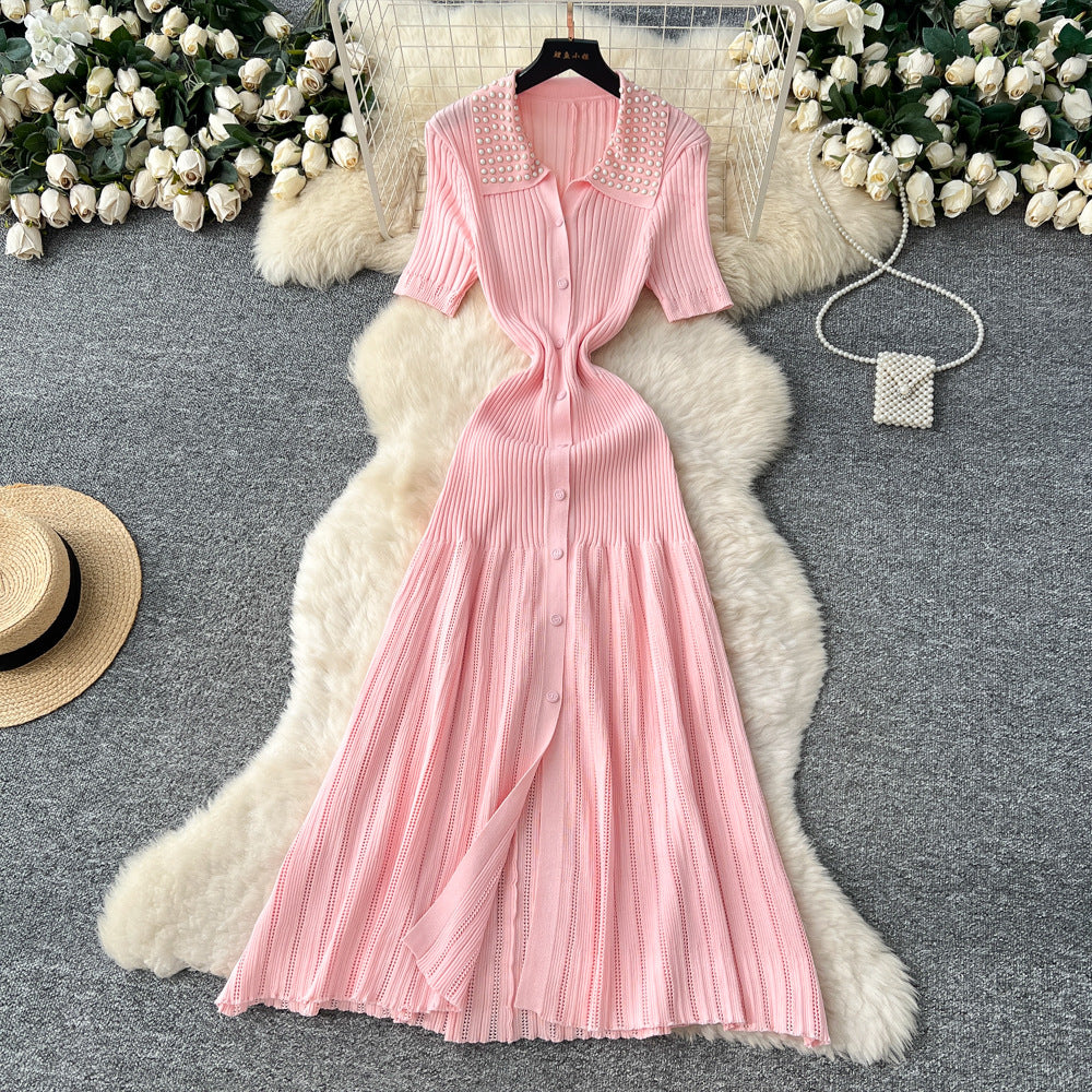 Frenchretro style lady heavy industry beading lapel short sleeve single breasted waist slimming lookelegantknittingdress