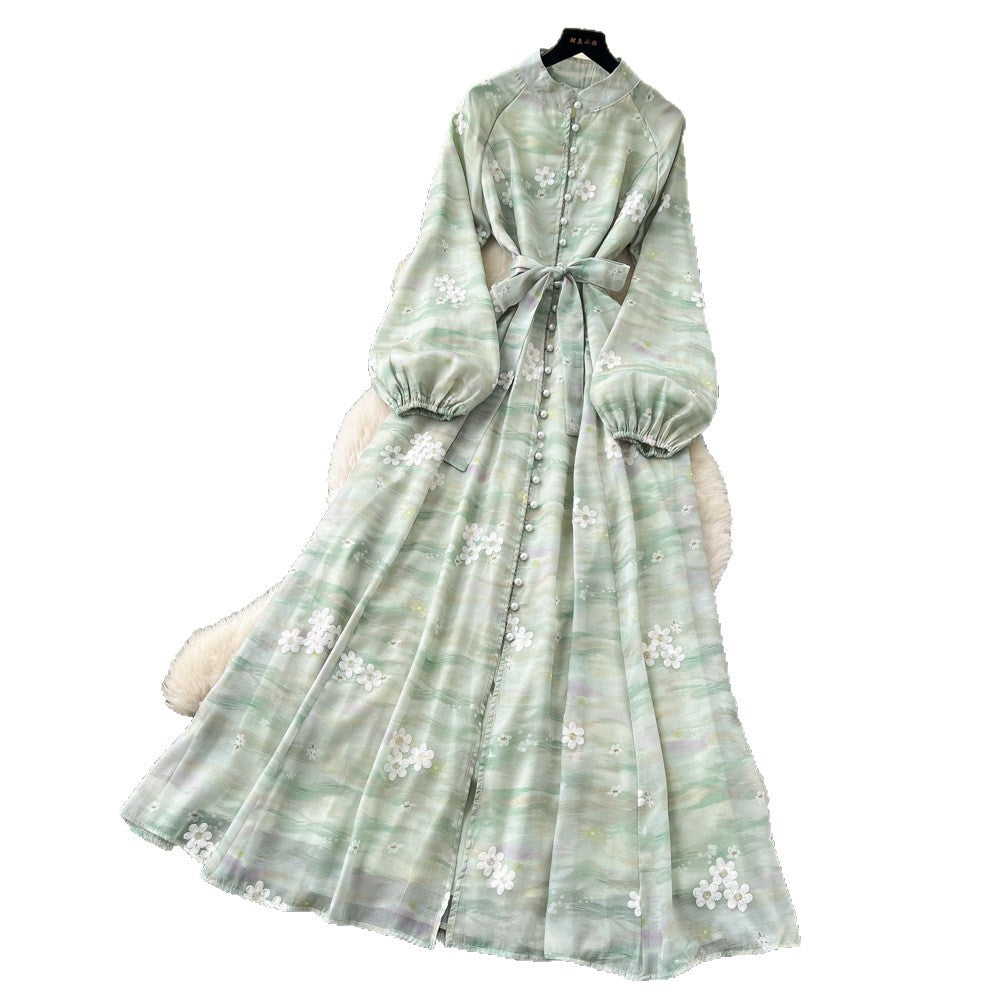 French romantic lantern sleeve printed dress - women's summer slimming a-line maxi dress - elegant workwear