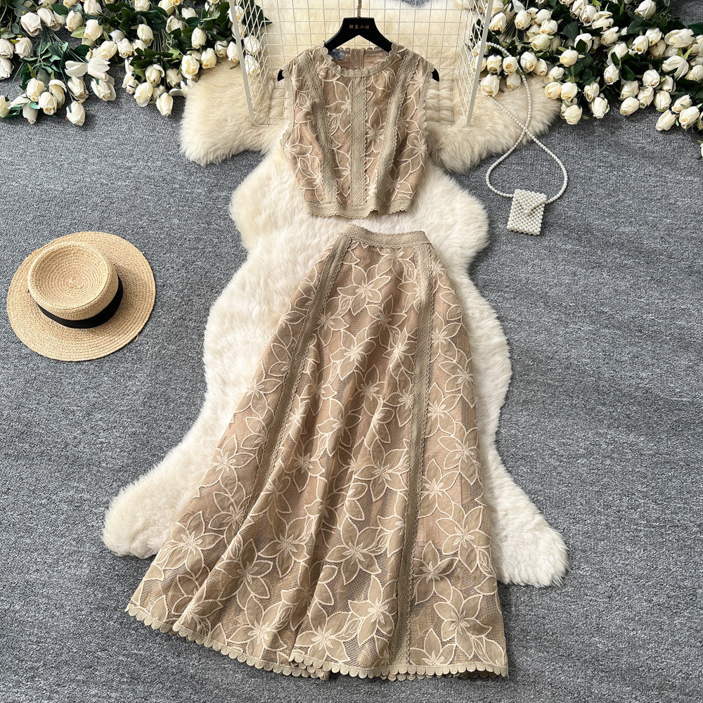 French lace cutout sleeveless two-piece set for women -  summer elegant high-end vest and midi skirt outfit