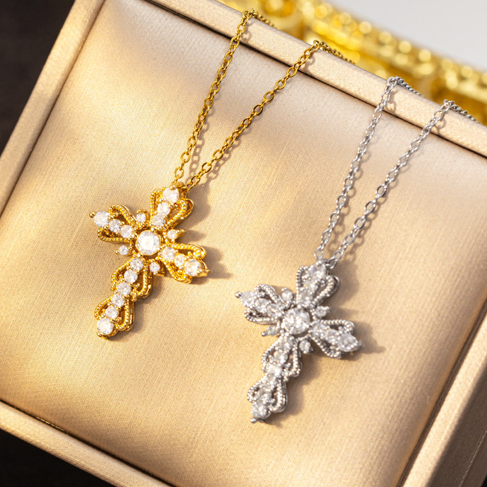 [titanium steel] fashionfashion full diamond cross necklace women's niche light luxury high-end stylishsweater chain jewelry
