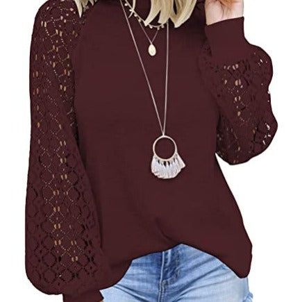 new cross-border  autumn/winter round neck long sleeve lace patchwork loose top for women