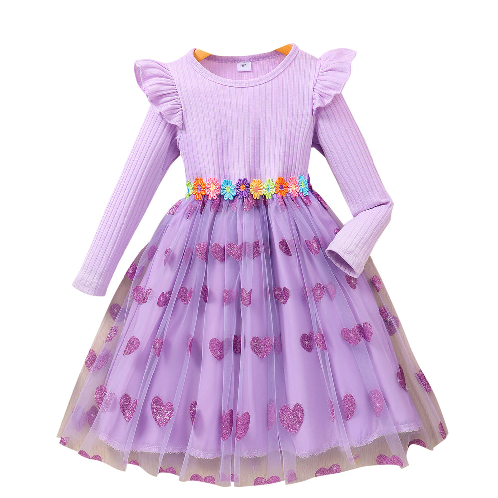 Kids' long-sleeve ribbed knit dress with lace trim and heart-shaped mesh detail