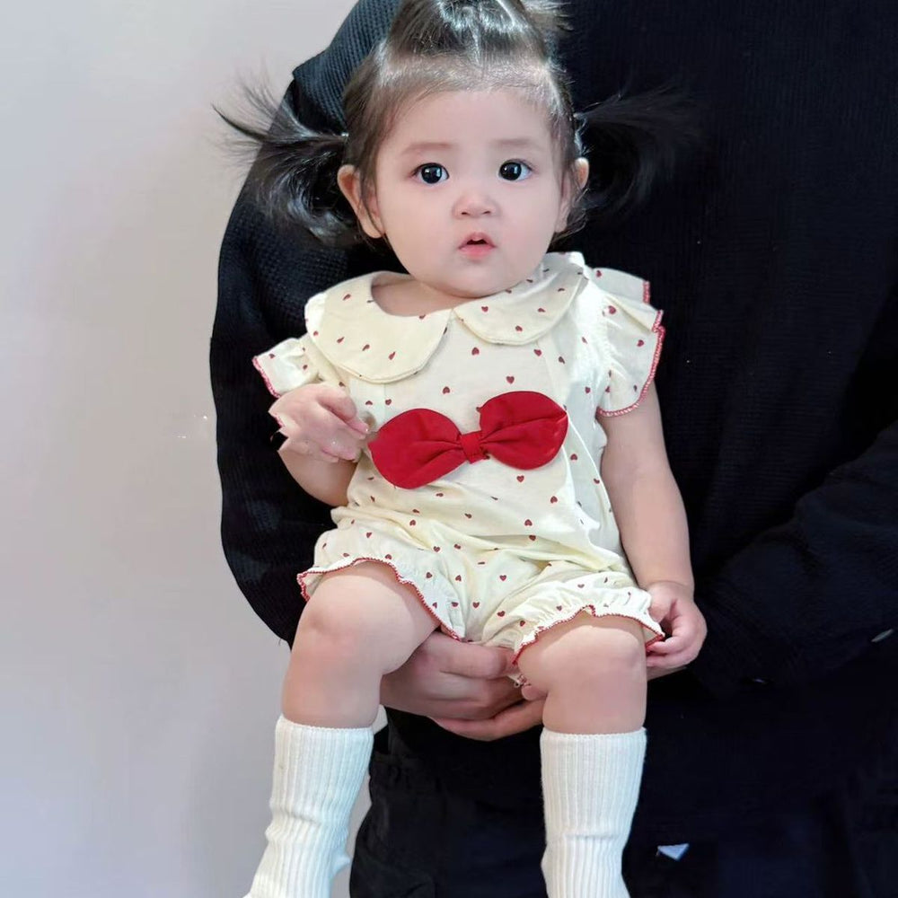 Newborn baby girl flutter sleeve heart romper - summer lightweight heart & bowknot peter pan collar bodysuit