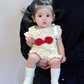 Newborn baby girl flutter sleeve heart romper - summer lightweight heart & bowknot peter pan collar bodysuit