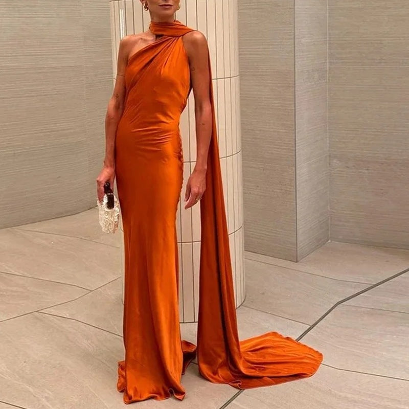 women's summer new arrivals: cross-border european & american fashion, elegant banquet gowns, solid color off-the-shoulder dresses