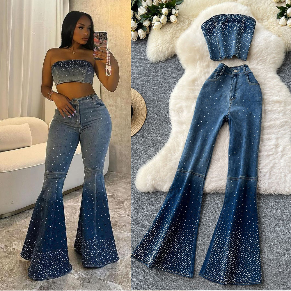 European and american cross-border fashion rhinestone denim set for women - summer sleeveless bandeau top + high-waisted flare denim pants