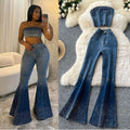 European and american cross-border fashion rhinestone denim set for women - summer sleeveless bandeau top + high-waisted flare denim pants