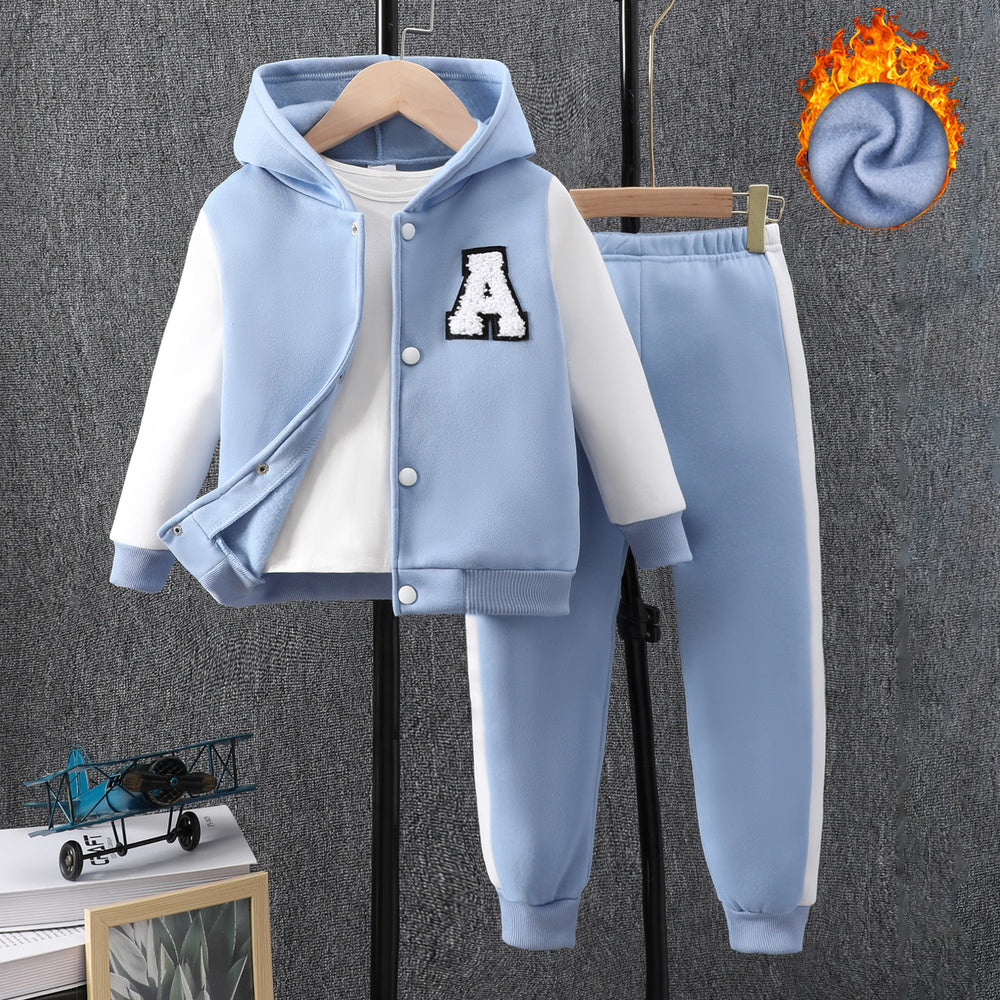 new style children's long-sleeved hooded contrasting color a-line badge suit