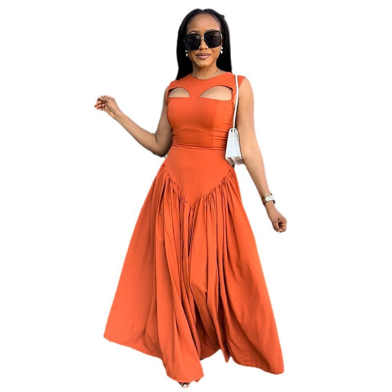 European and american cross-border women's clothing:  summer new arrival - elegant round neck, hollow-out, slim-fit, mid-length sleeveless dress