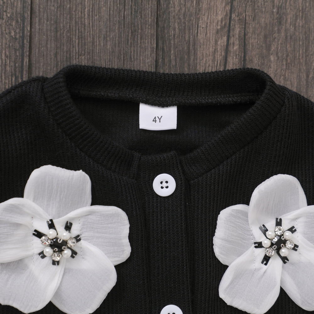 Girls' two-piece set: 3d floral long-sleeve cardigan + skirt outfit