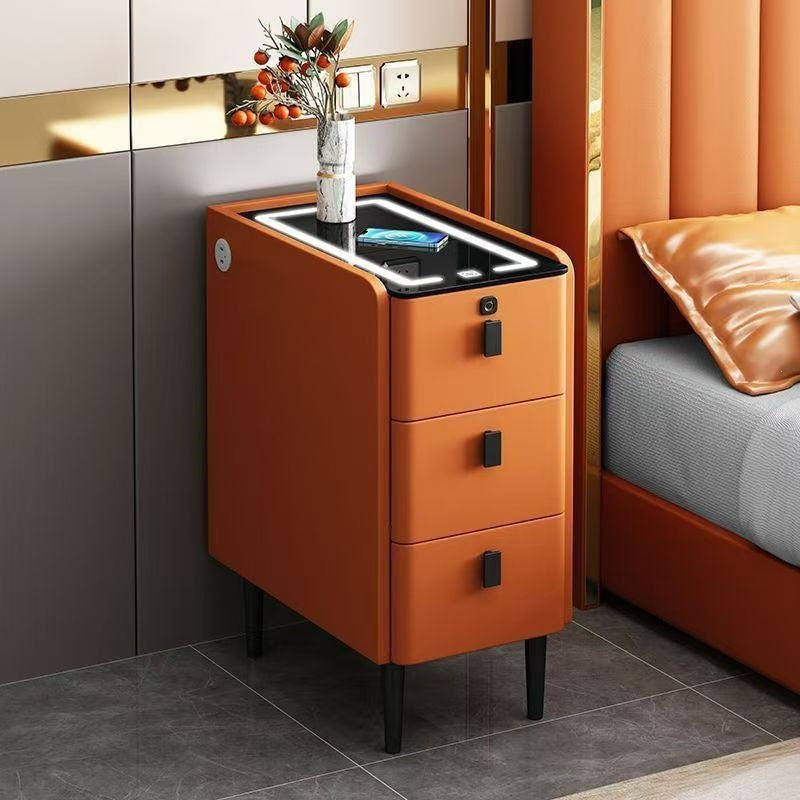 Ultra-narrow solid wood nightstand - modern minimalist, light luxury, multifunctional smart wireless charging bedside table for bedroom