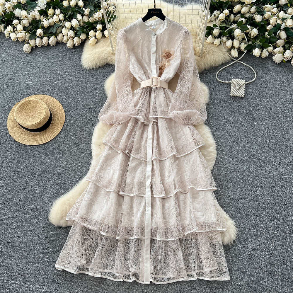 French chic luxury beaded floral tie-waist lantern sleeve single-breasted lace ruffle dress