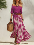 spring/summer new european and american cross-border nautical resort style off-shoulder top and slit skirt women's set