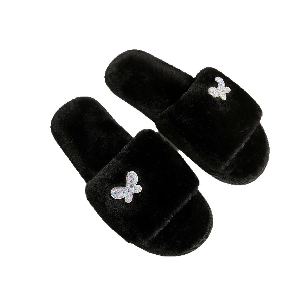 Fuzzy slippers women's 2025 autumn/winter new collection rhinestone flat warm thong slippers trendy fashion cotton slippers plus size