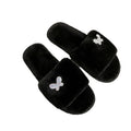 Fuzzy slippers women's 2025 autumn/winter new collection rhinestone flat warm thong slippers trendy fashion cotton slippers plus size