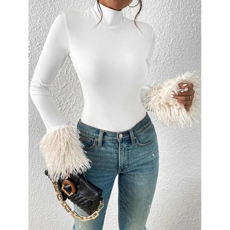 Shipped: women's turtleneck long sleeve bodysuit - ribbed knit with plush cuffs, slim fit autumn/winter top