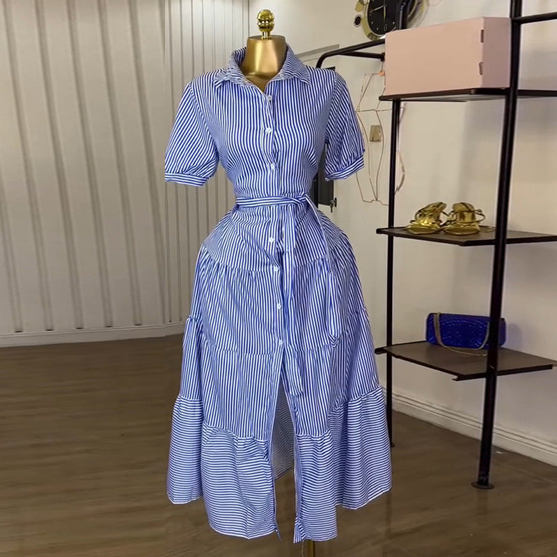 European and american women's clothing  autumn new sweet and fresh striped turn-down collar high-waisted slimming a-line maxi dress