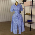 European and american women's clothing  autumn new sweet and fresh striped turn-down collar high-waisted slimming a-line maxi dress