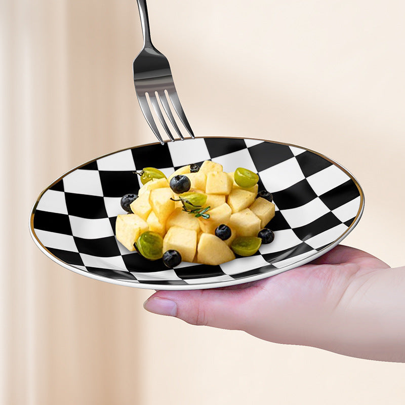 Nordic-inspired, high-end ceramic platter featuring a checkerboard pattern. perfect for showcasing your culinary creations in restaurants, cafes, or for baking and serving. a beautiful and stylish dish for any occasion