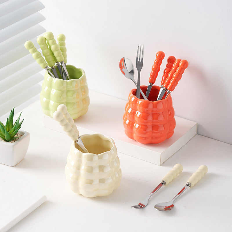Influencer-approved creamy fruit fork set: electroplated, luxe storage jar, high-value coffee table decor, fruit picks