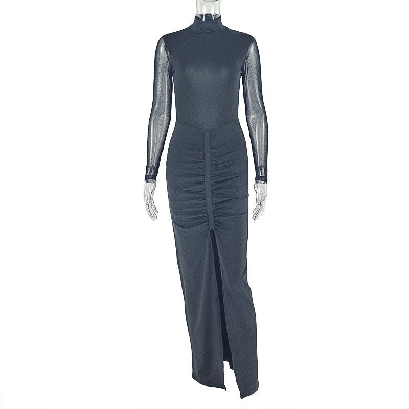 European and american style cross-border fashion slim-fit women's slit solid color bodycon dress high neck mesh see-through long sleeve trendy dress