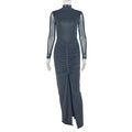 European and american style cross-border fashion slim-fit women's slit solid color bodycon dress high neck mesh see-through long sleeve trendy dress