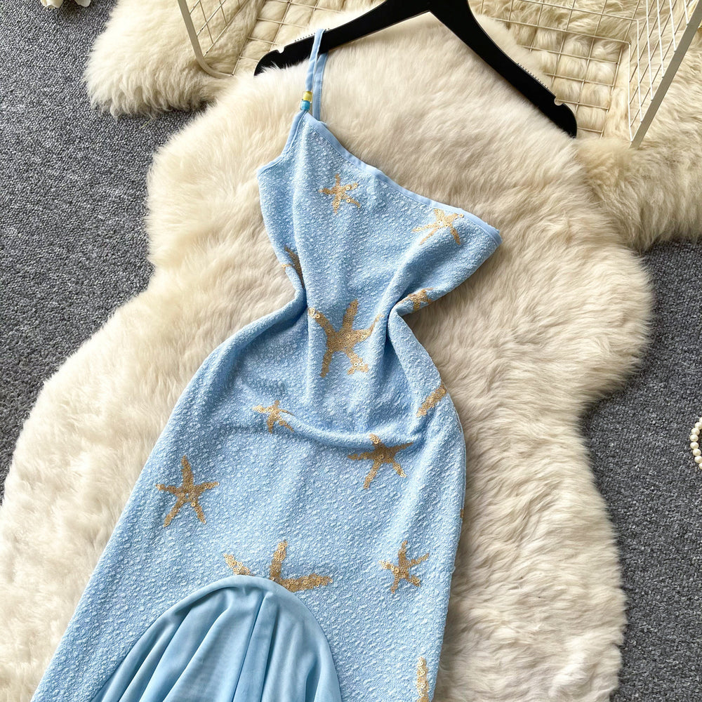 Vacation style slanted shoulder suspender dress for women summer blue sea star gradient asymmetrical fishtail skirt accessible luxury