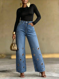 Fashionjeans women's high waist metal eye decoration loose pants pants light blue washed loosestraight-legpantsstylish trendy