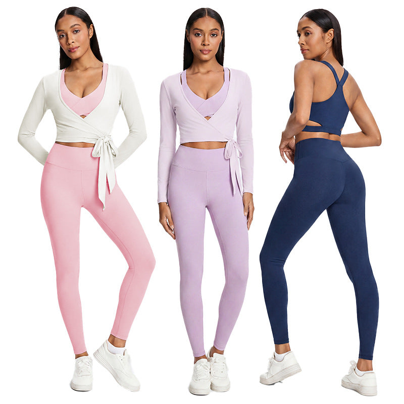 Spring/summer ballet-inspired activewear set: women's sexy, breathable, criss-cross back, slim-fit yoga top and bottoms